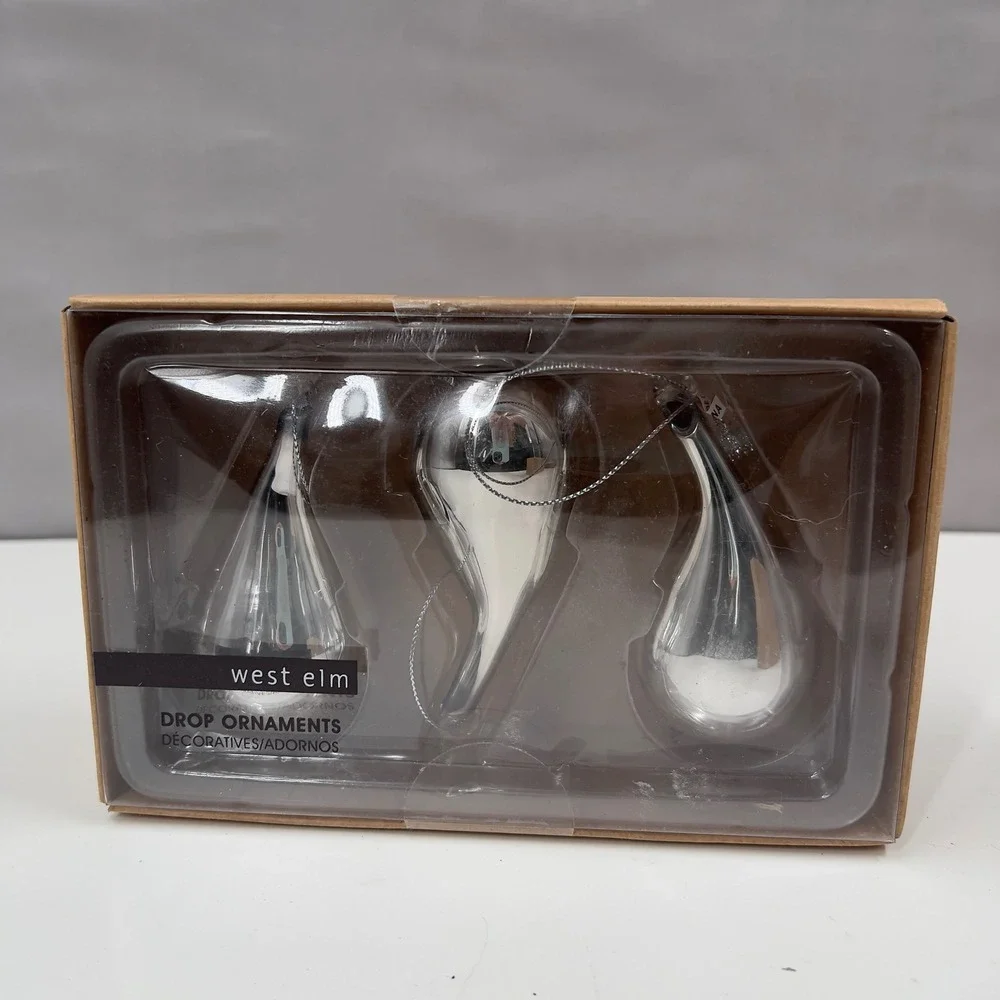 West‎ Elm Drop Ornaments Set 16 Silver Mercury Glass Midcentury Modern Christmas